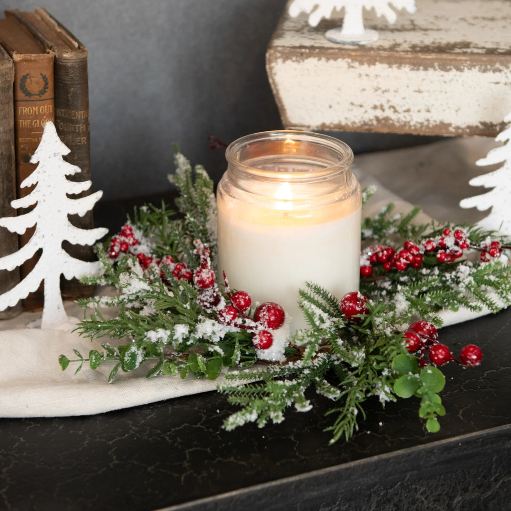 Snowy Evergreen W/Red Berries Candle Ring