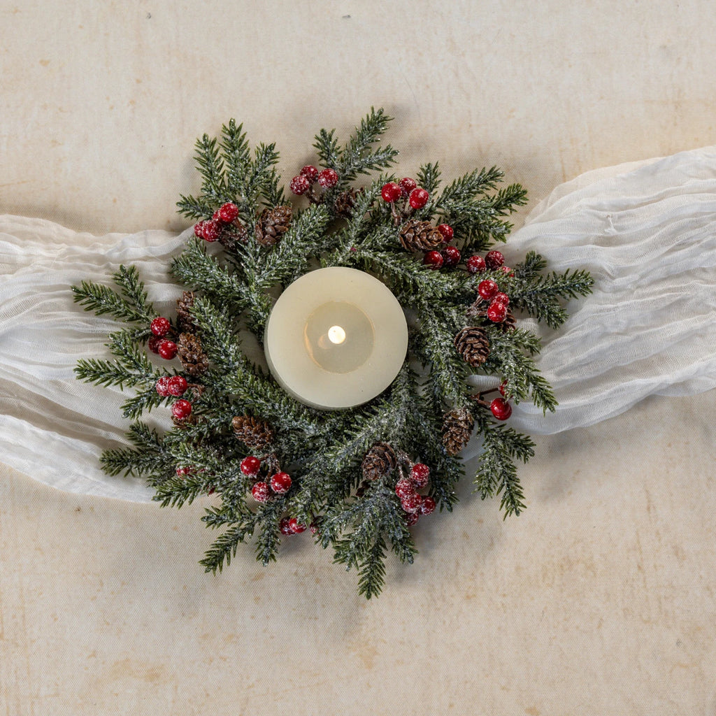 Frosted Pine, Red Berries, & Pinecone Candle Ring