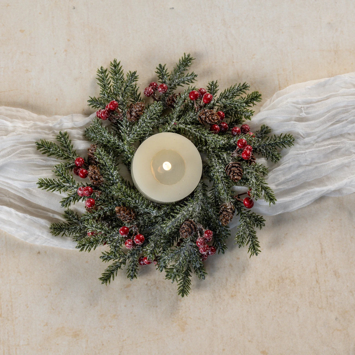 Frosted Pine, Red Berries, & Pinecone Candle Ring