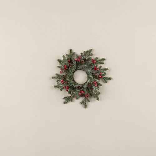 Frosted Pine, Red Berries, & Pinecone Candle Ring