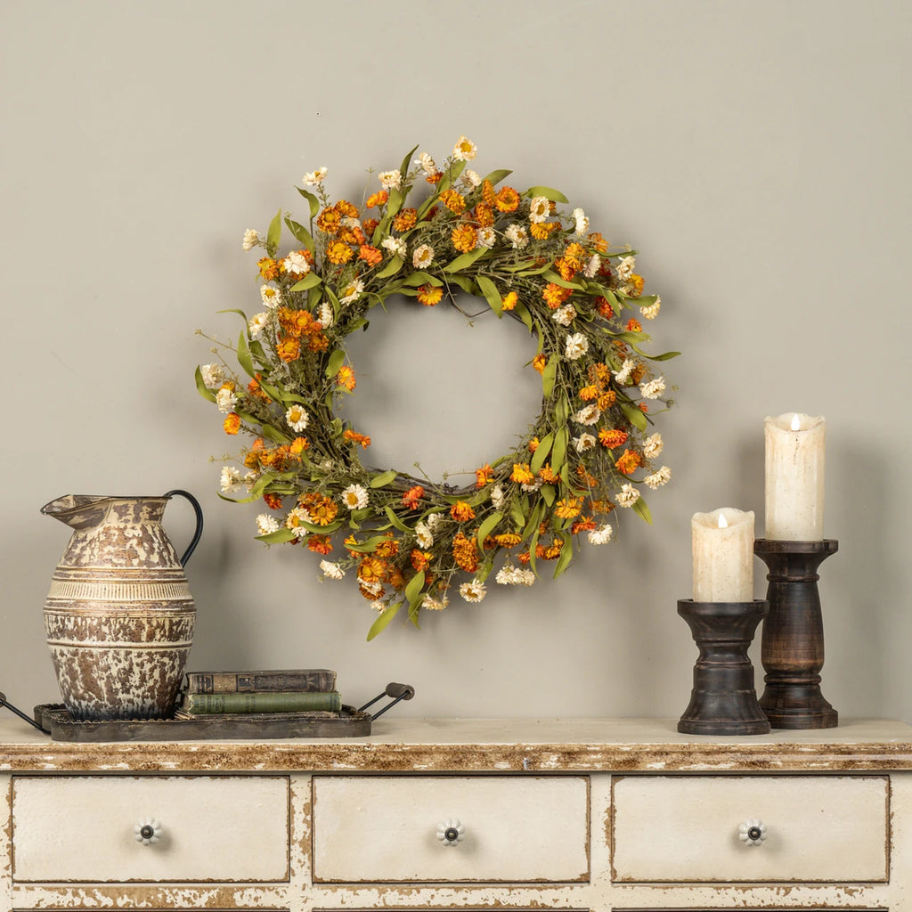 CREAM & ORANGE MINI DAISY WREATH 22"