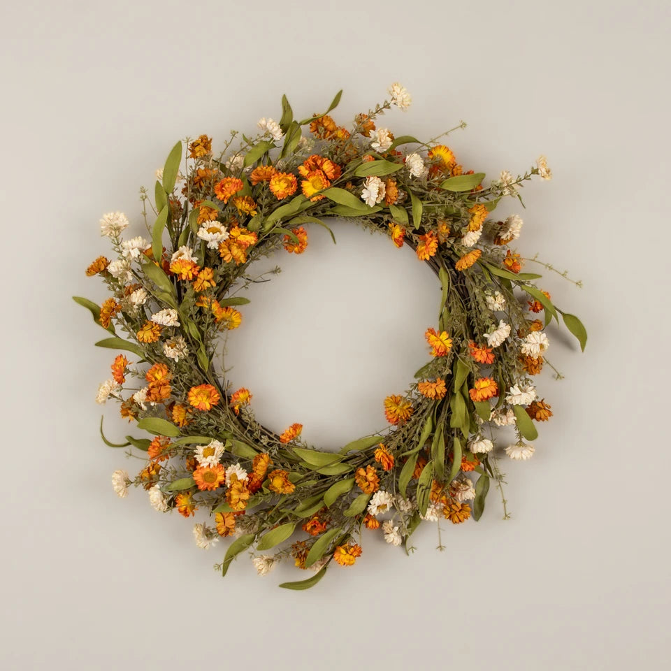 CREAM & ORANGE MINI DAISY WREATH 22"