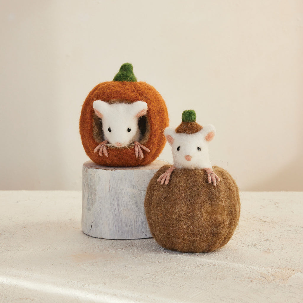 Handmade Wool Felt Pumpkin with Mouse, 2 Styles