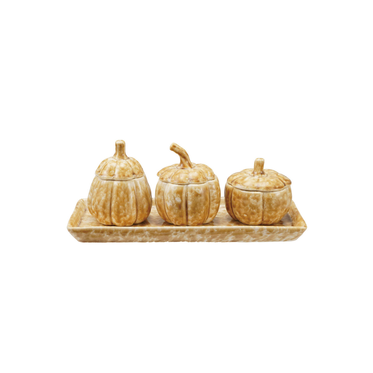 Stoneware Tray with 3 Pumpkin Shaped Jars,