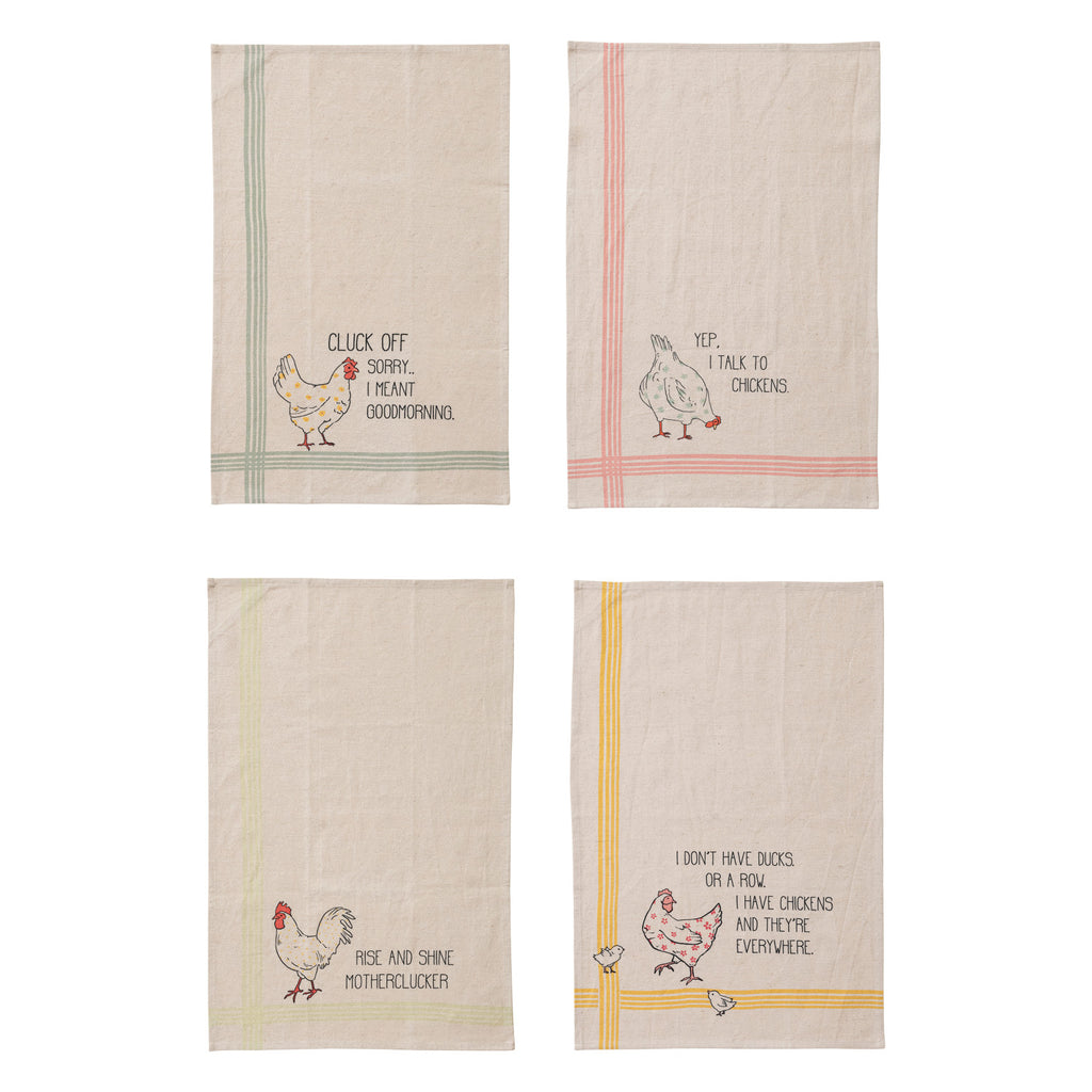 Cotton & Linen Printed Tea Towel w/ Chicken & Saying, 4 Styles