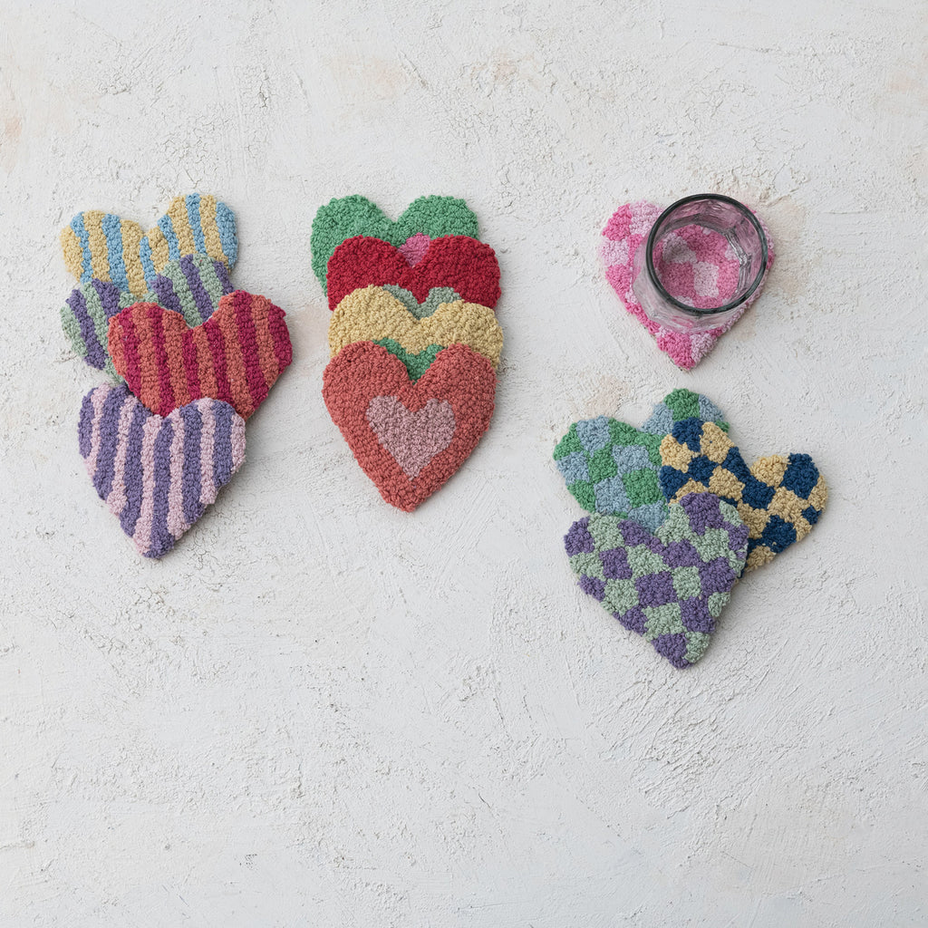 Cotton Tufted Heart-Shaped Coaster w/ Heart/Stripes/Check Pattern, 12 Styles