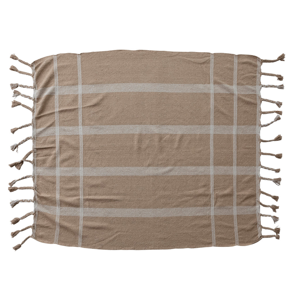 Woven Recycled Cotton Blend Striped Throw with Braided Fringe, Beige & Natural, 60"L x 50"W