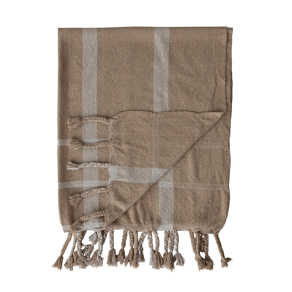 Woven Recycled Cotton Blend Striped Throw with Braided Fringe, Beige & Natural, 60"L x 50"W