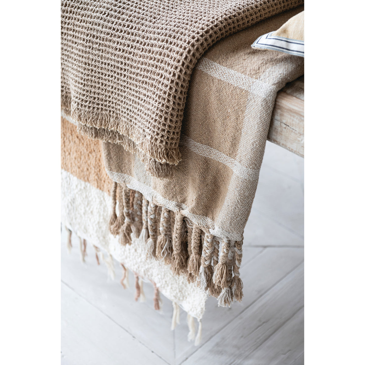 Woven Recycled Cotton Blend Striped Throw with Braided Fringe, Beige & Natural, 60"L x 50"W