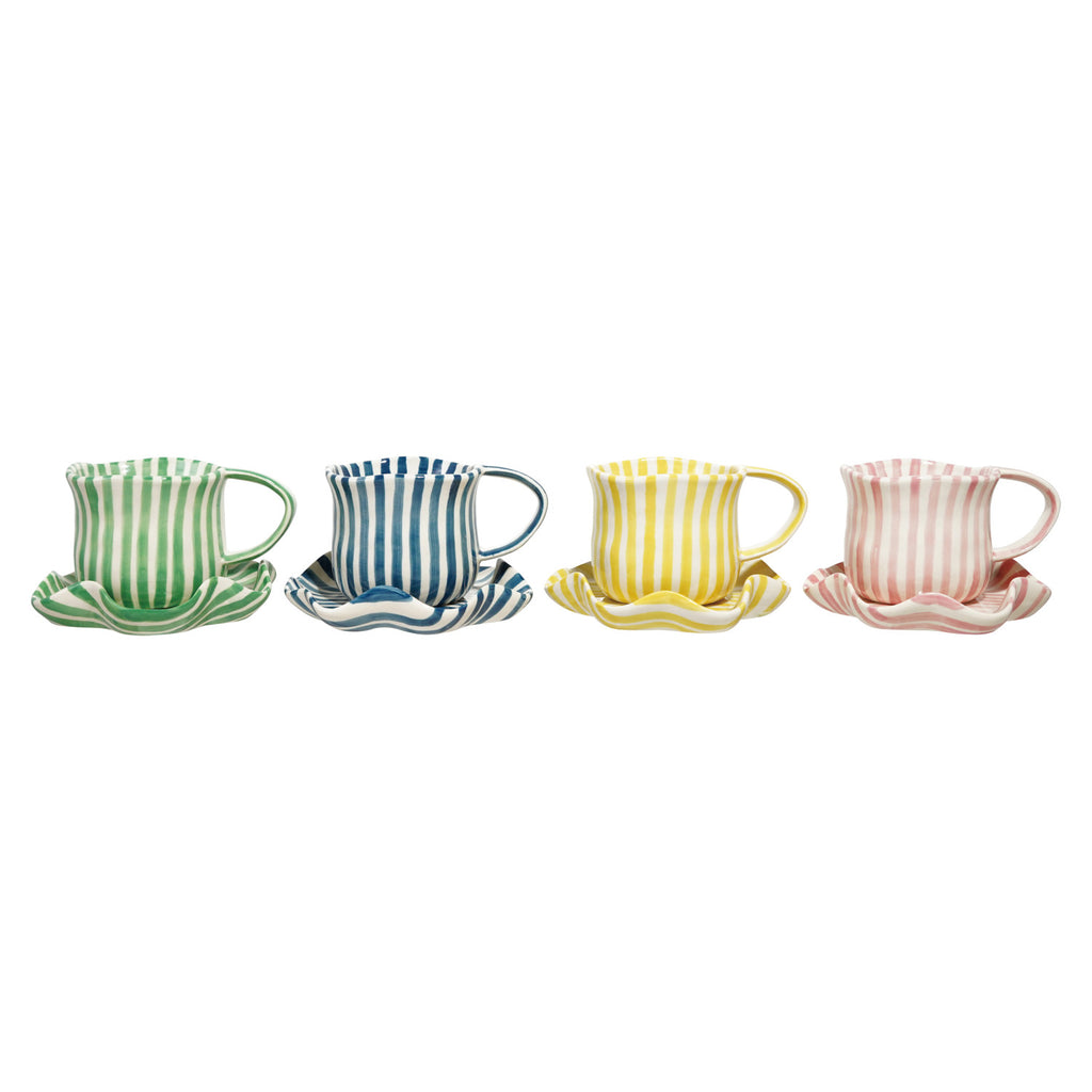 Hand-Painted Mug with Ruffled Saucer, Set of 2