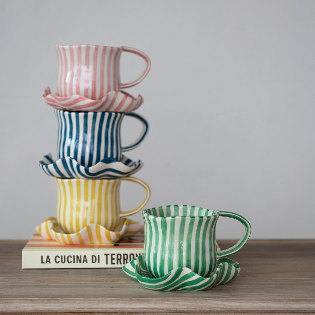 Hand-Painted Mug with Ruffled Saucer, Set of 2