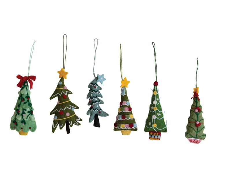 Handmade Wool Felt Tree Ornament w/ Pom Poms & Embroidery