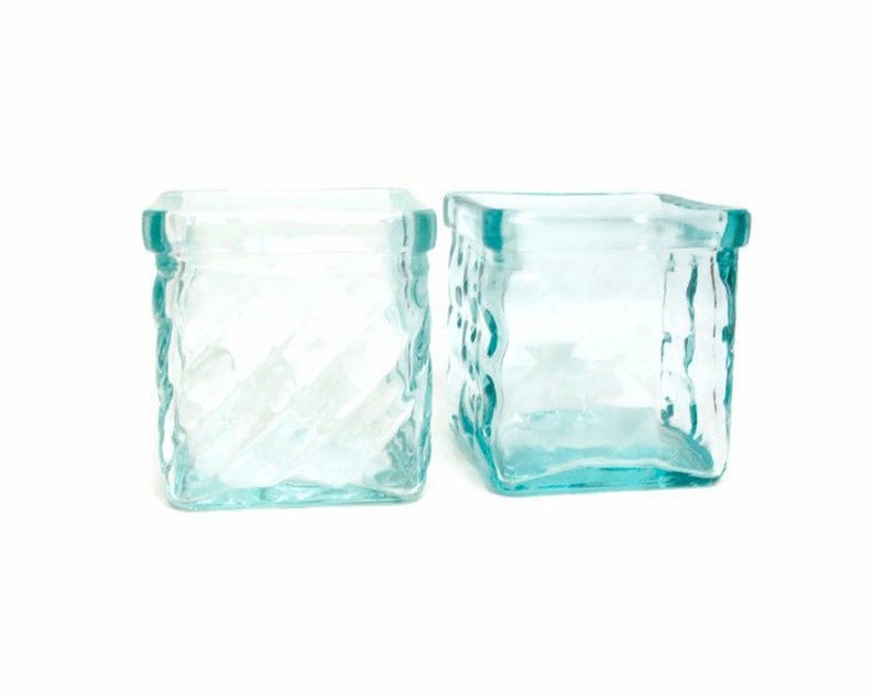 Vintage Square Raised Design Turquoise Glass Candle Holder | 3"
