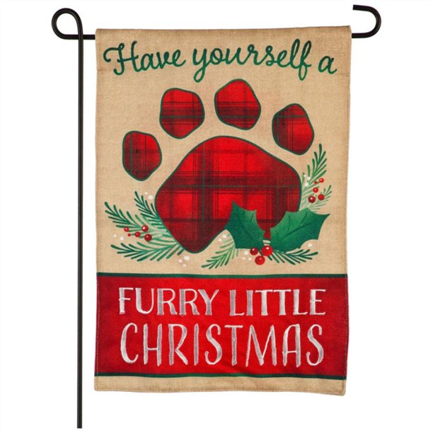 Furry Little Christmas Burlap Garden Flag