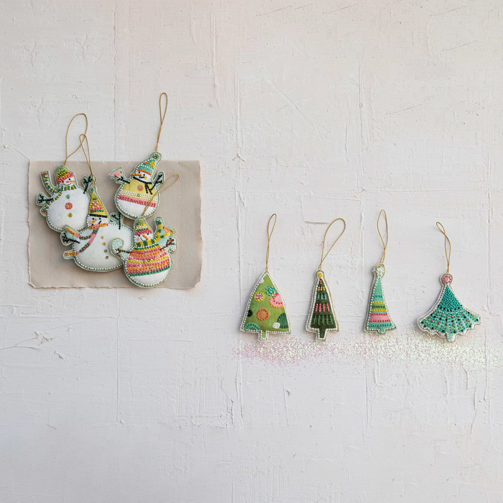Cotton Velvet Christmas Tree Ornament w/ Embroidery & Glass Beads