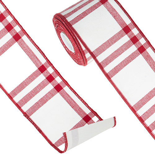 RED AND WHITE PLAID WIRED RIBBON | 4" X 10 YDS