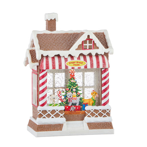 DOG BARKERY MUSICAL LIGHTED WATER LANTERN GINGERBREAD HOUSE | 10"