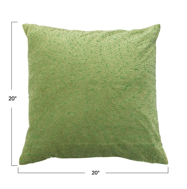 Square Cotton Velvet Pillow w/ Embroidery, Green 20"