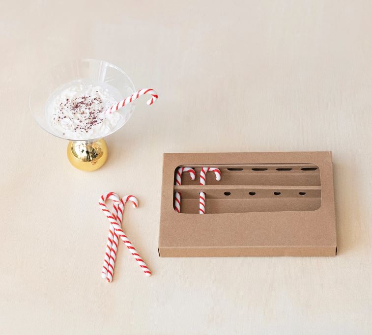 Glass Candy Cane Shaped Stir Sticks Boxed Set of 6