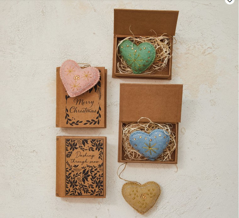 Handmade Wool Felt Heart Ornament in Kraft Printed Book Shaped Box