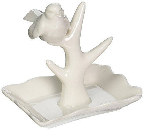 Ceramic Ring Holder w/bird, White | 4"H