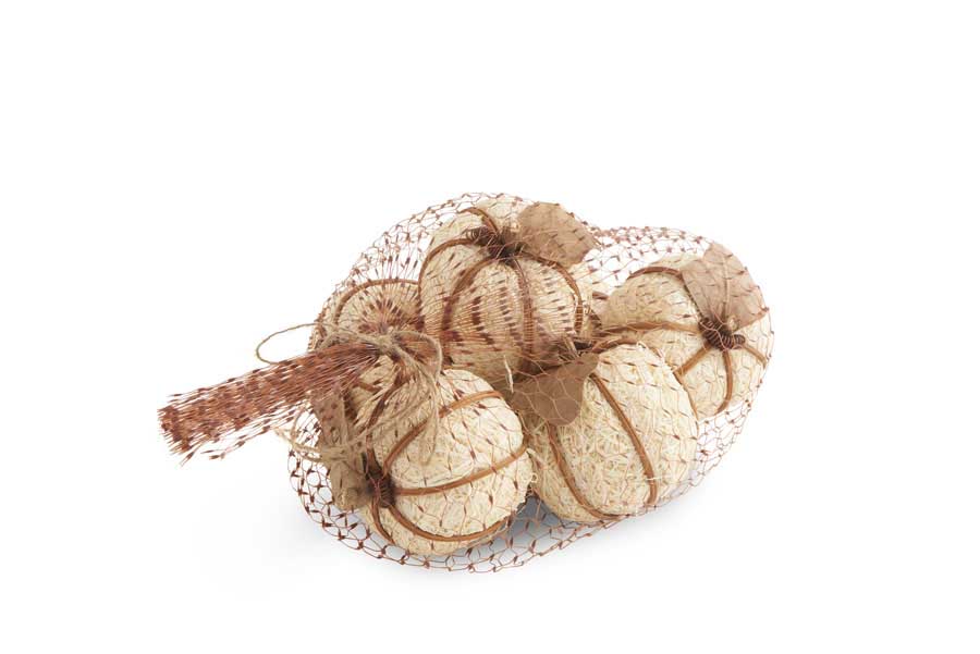 Cream Pumpkins w/Brown Trim and Leaf, Bag of 6 | 2.5"H x 2.75"Dia.