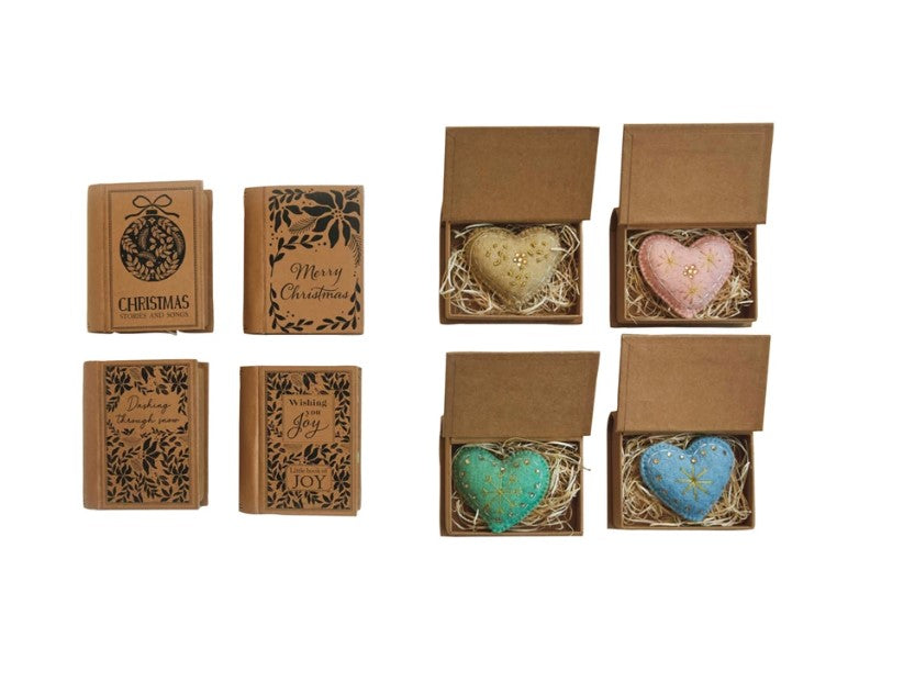 Handmade Wool Felt Heart Ornament in Kraft Printed Book Shaped Box