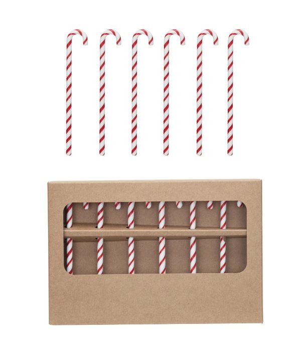 Glass Candy Cane Shaped Stir Sticks Boxed Set of 6