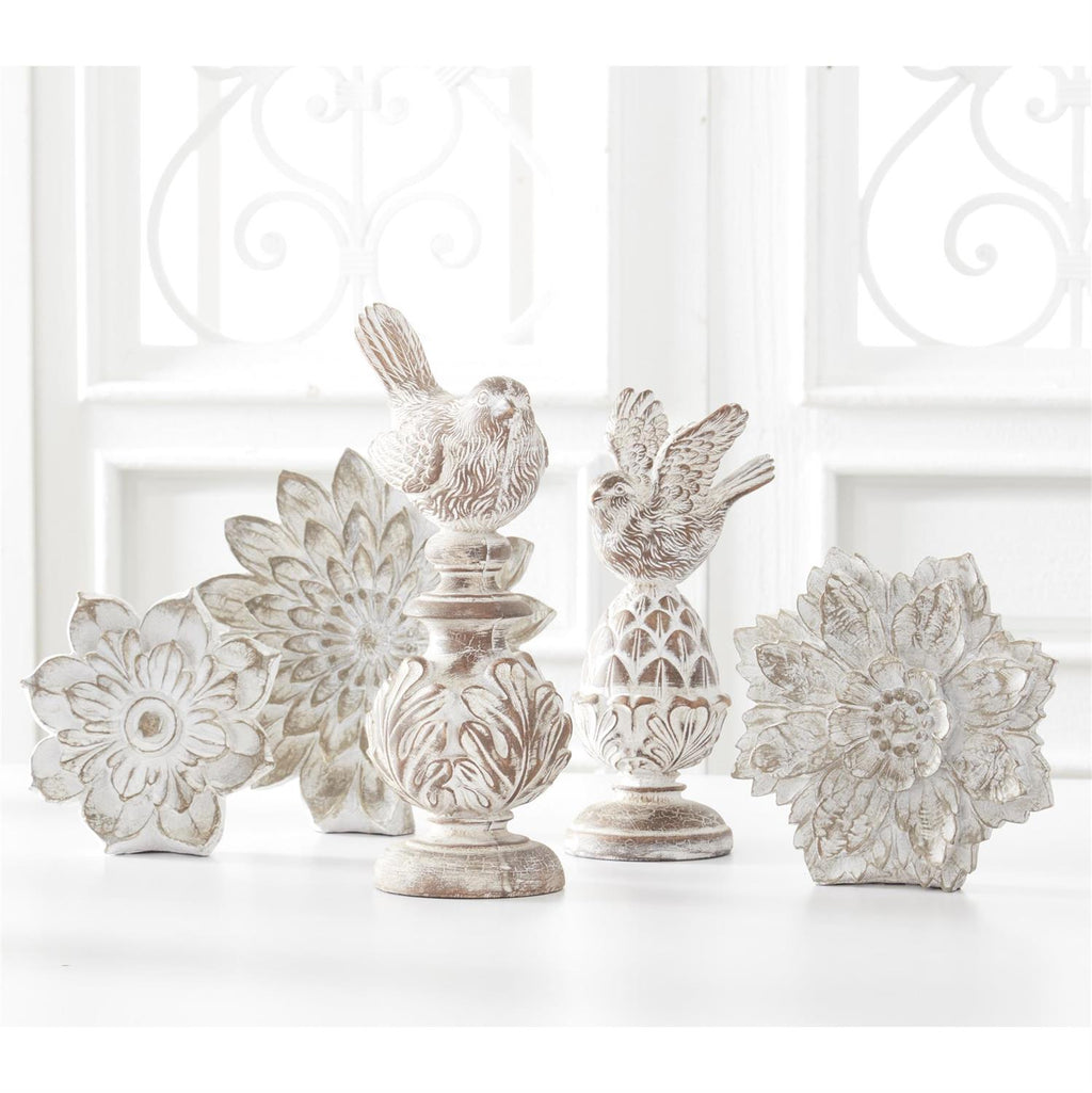 Whitewashed Carved Resin Finials w/Bird Top