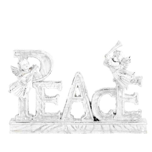 White Glitter Peace with Angels Tabletop Sign