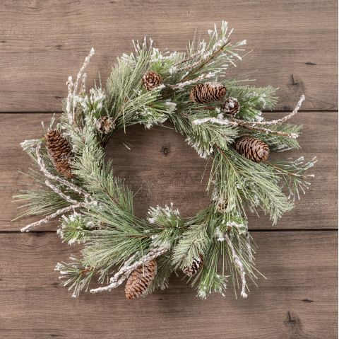 Snowy Pine Wreath W/Twigs and Cones 14”