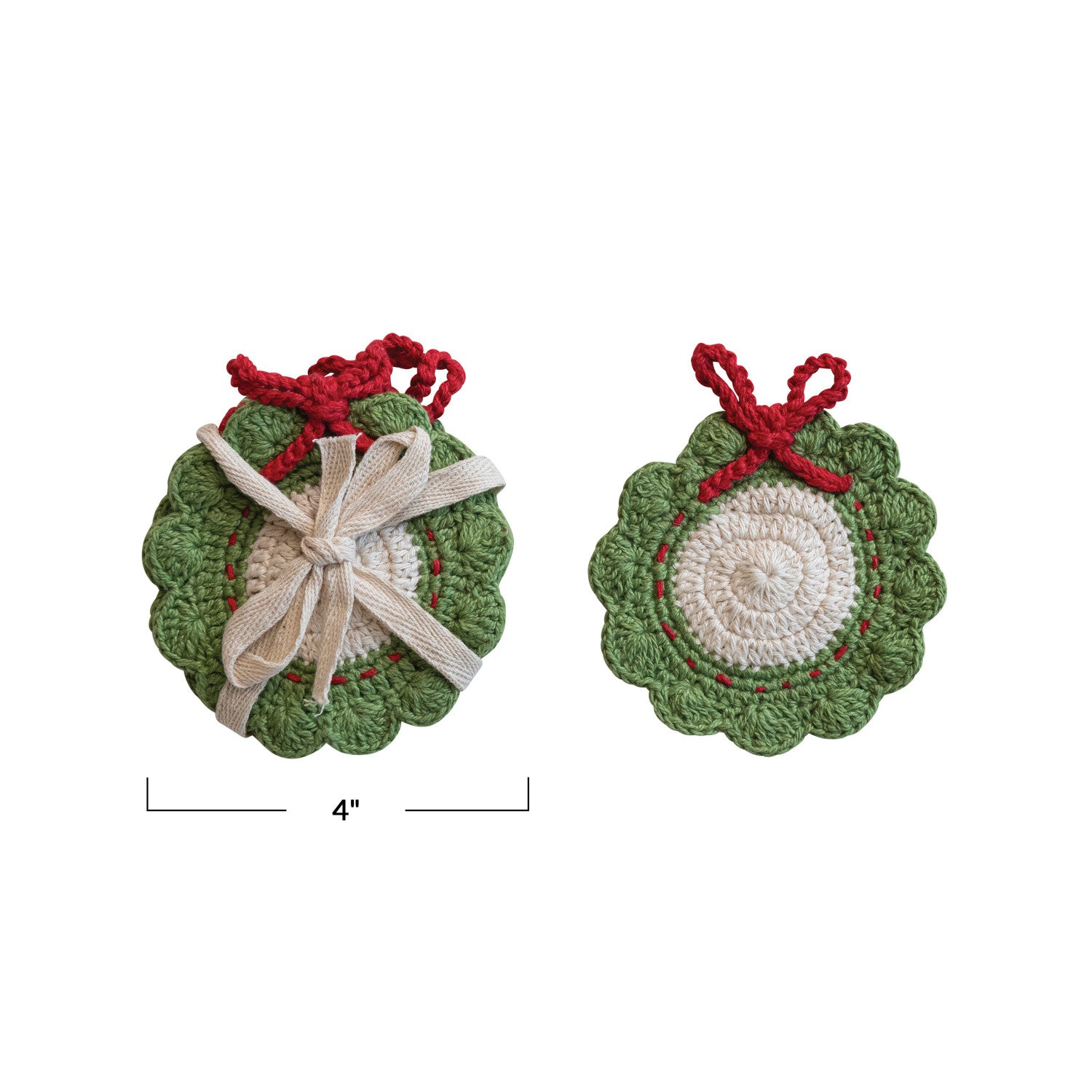 Cotton Crocheted Wreath Shaped Coasters, Green, Red & White