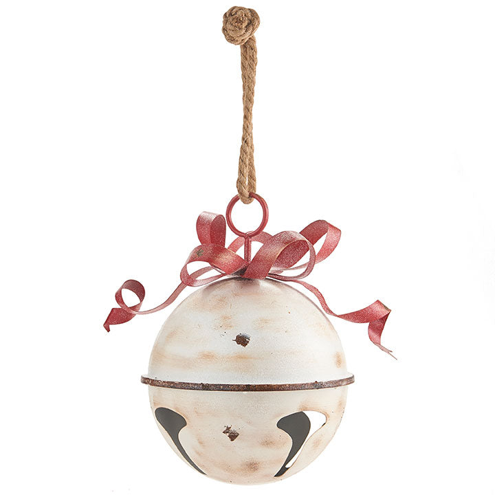 WHITE GLITTERED JINGLE BELL WITH RED BOW ORNAMENT | 13.75"