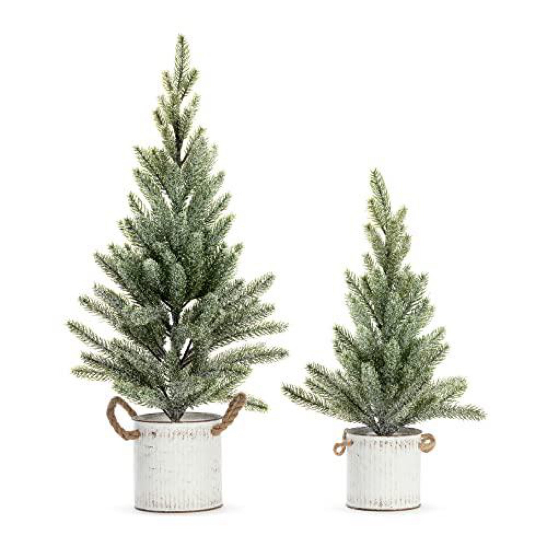 Frosted Artificial Trees 24” Potted in Whitewashed Christmas Buckets