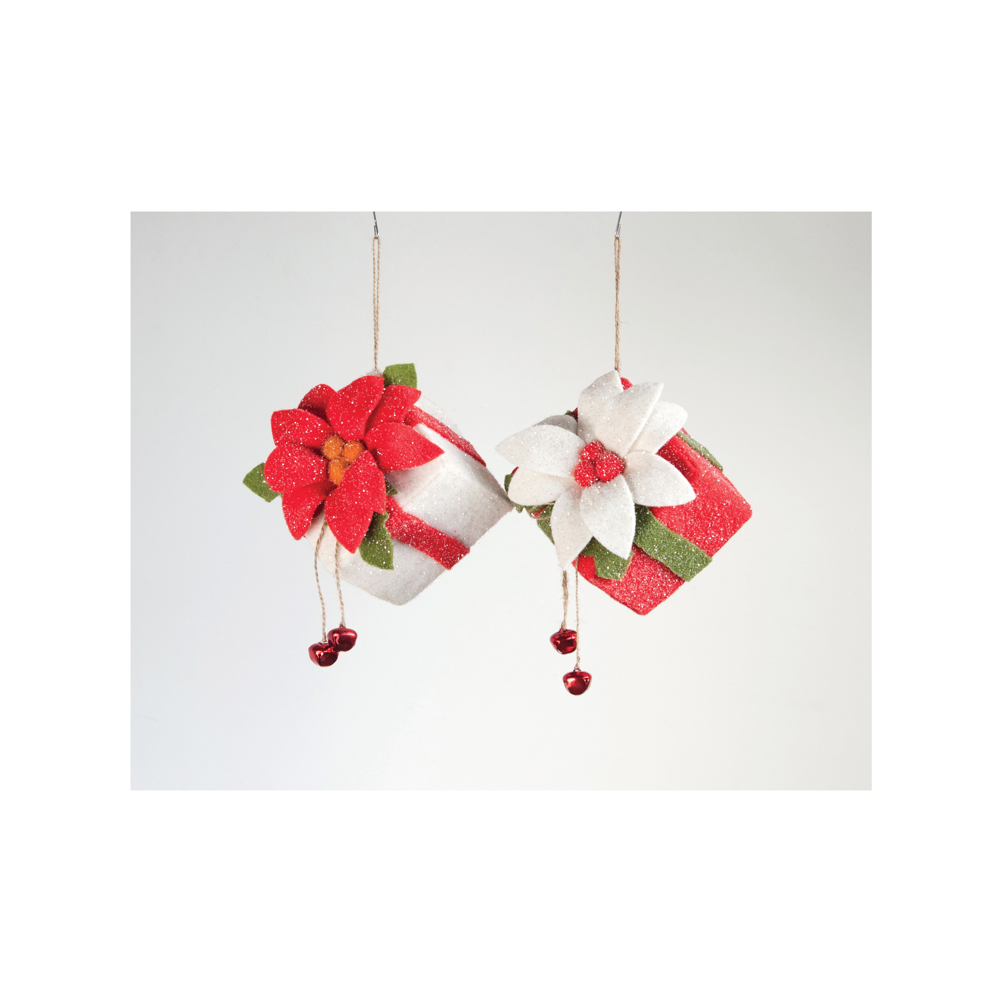Felt Present Ornament with Poinsettia and Jingle Bells, 2 Colors