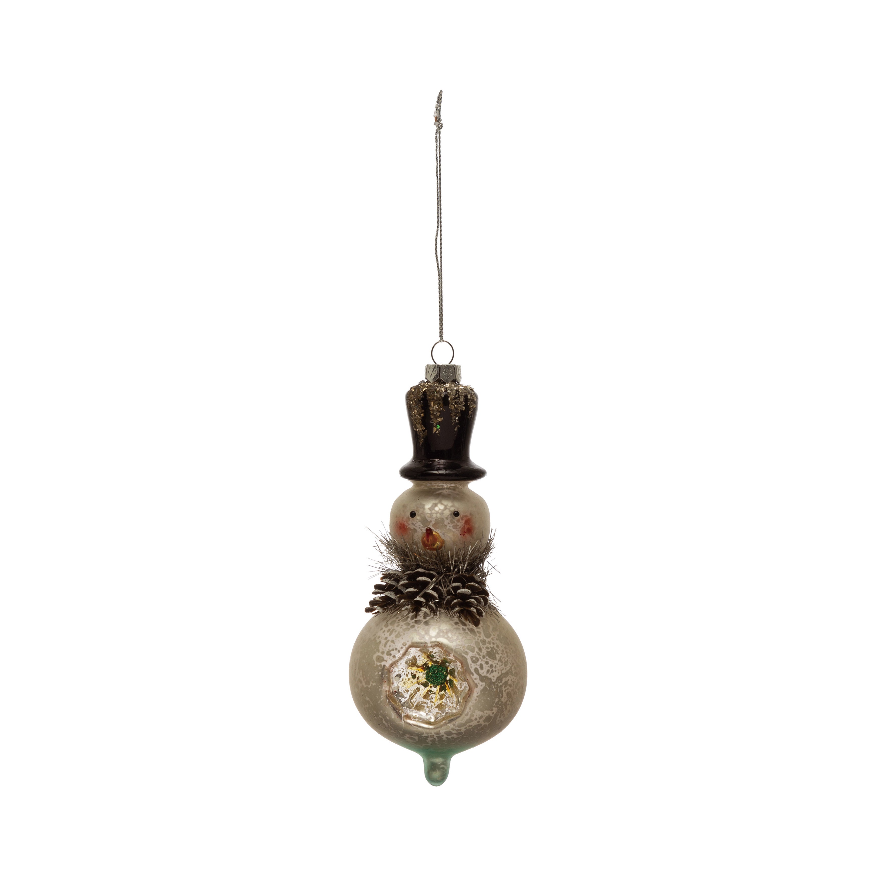 Hand-Painted Mercury Glass Witch's Eye Snowman Ornament with Glitter, Pinecones and Tinsel