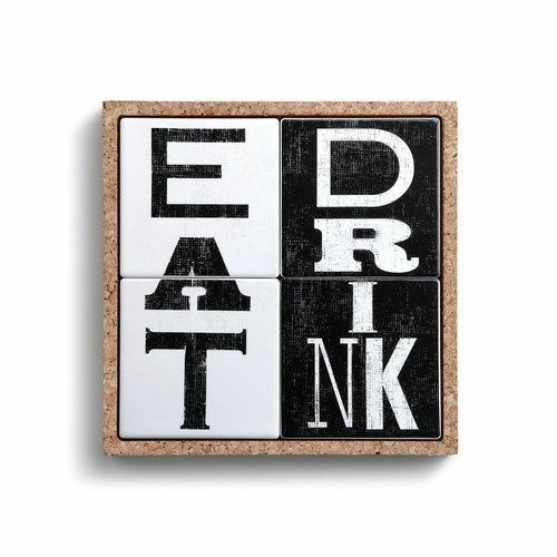 Ceramic Eat Drink In Cork Tray Coaster, 4pc. set | 9 x 9"