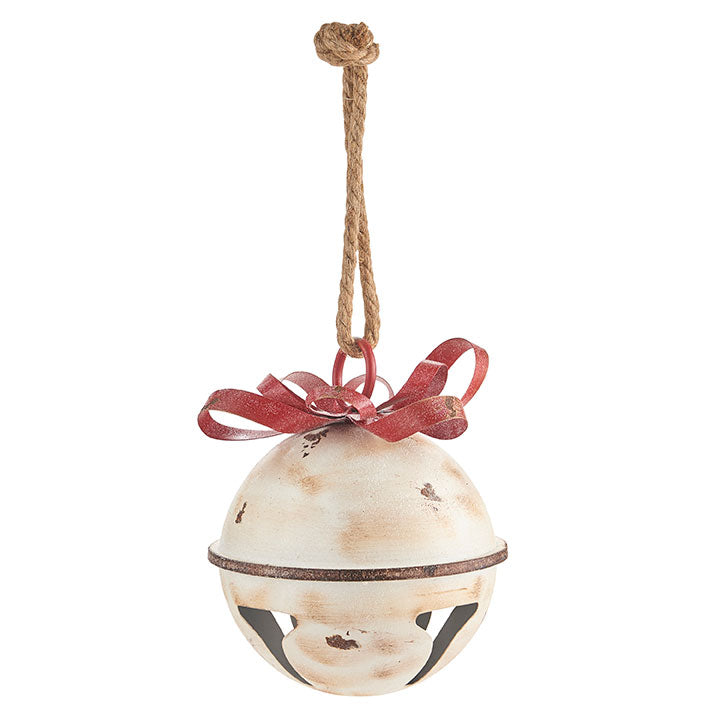 WHITE GLITTERED JINGLE BELL WITH RED BOW ORNAMENT | 11"