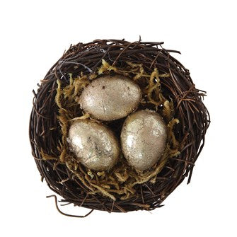 Round Faux Moss & Rattan Nest w/Eggs | 3"