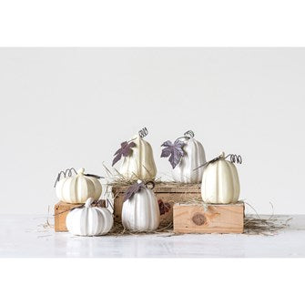 Stoneware Pumpkin w/ Metal Leaf, 2 Colors, 3 Styles
