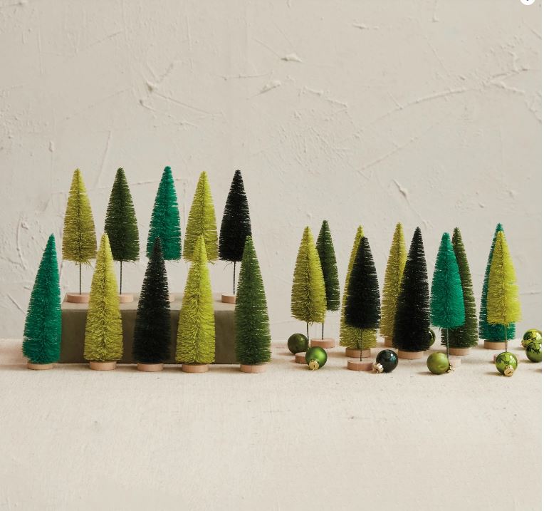 Sisal Bottle Brush Trees w/ Wood Bases, Green, 2 Styles, Boxed Set of 10