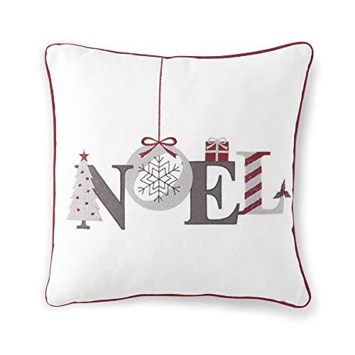 Square Cream Noel Embroidered Pillow with Red Piping