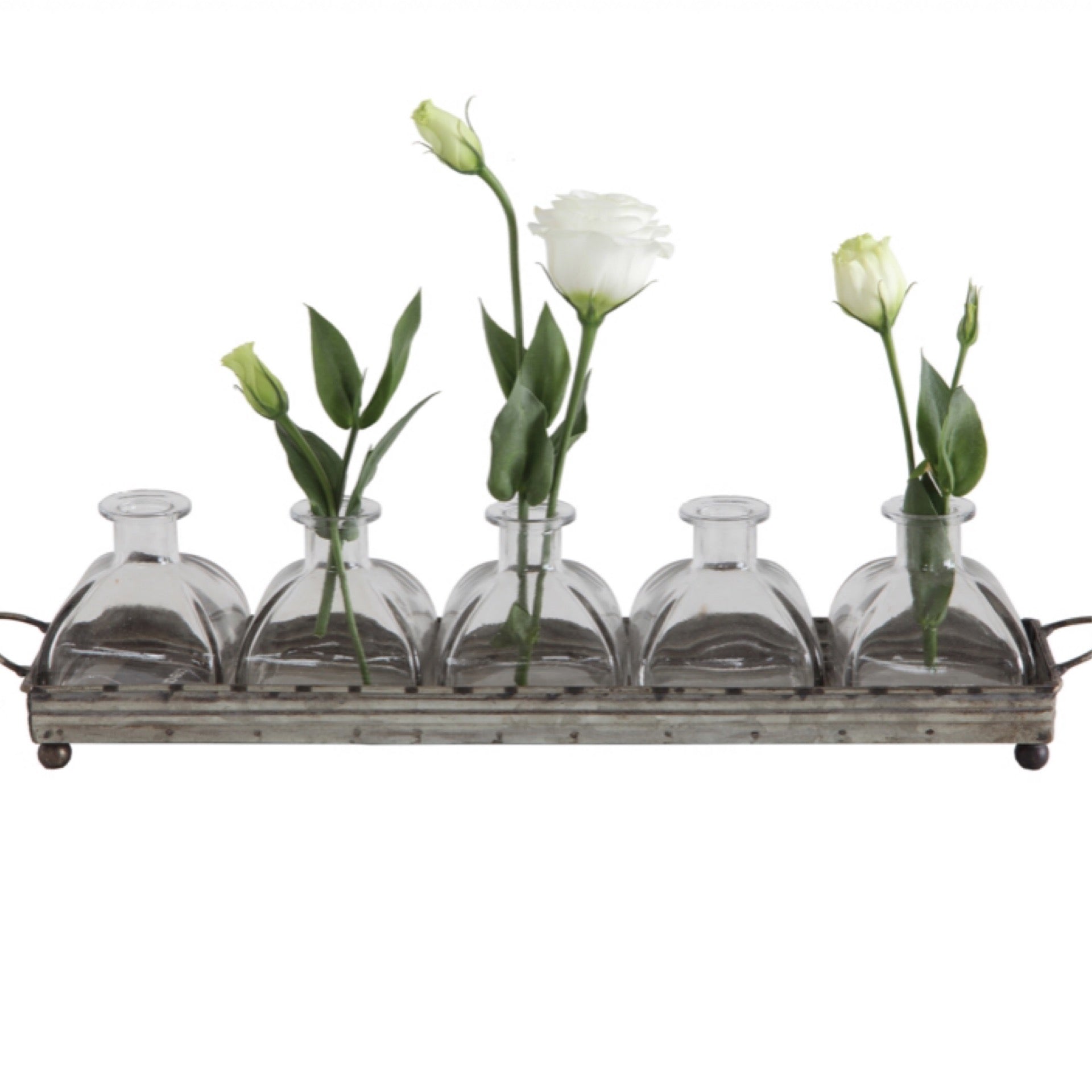 Metal Tray with Glass Vases, Set of 6