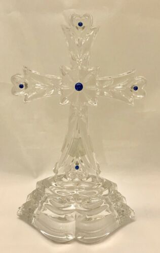 LENOX FINE CRYSTAL JEWELED CROSS CRUCIFIX W/10 BLUE SAPPHIRE STONES.