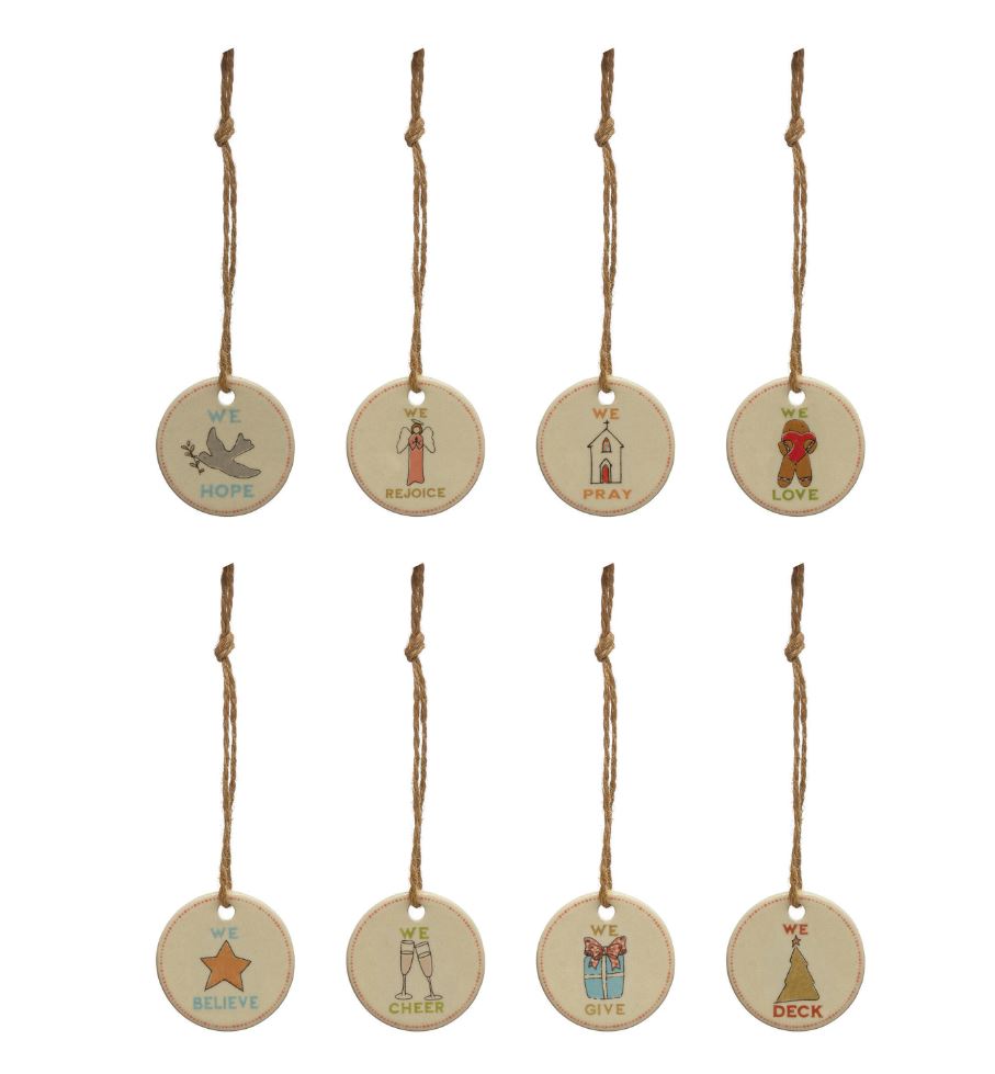 Round Stoneware Tag Ornament with Holiday Words and Icon, Multi Color, 8 Styles | 1-3/4"