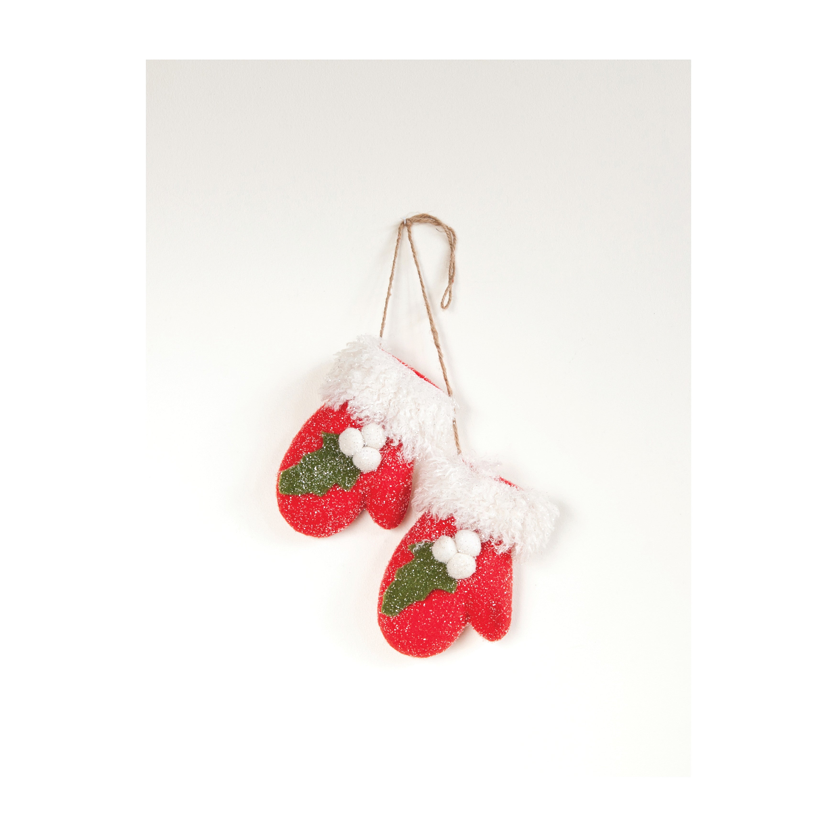 Felt Mitten Pair Ornament with Holly, Red | 8-1/4"H