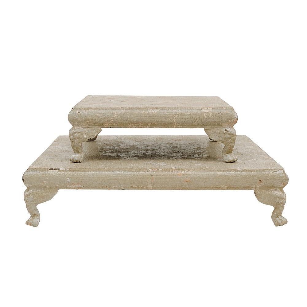 Decorative Metal Footed Pedestals, Distressed Cream | 11.75" & 8" Sq. (2pc set)