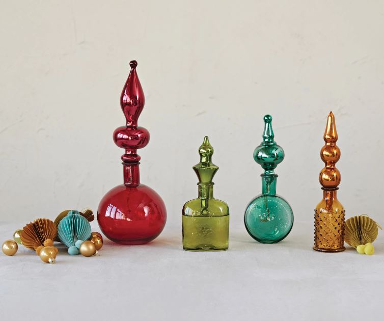 Decorative Glass Bottle w/ Mercury Glass Finial Ornament Stopper