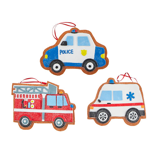 GINGERBREAD EMERGENCY VEHICLE "DC" 5" ORNAMENT, 3 Asst | 5"
