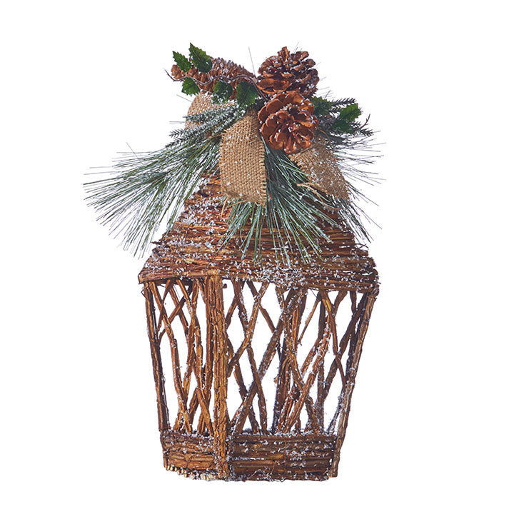 Twig Lantern Lighted With Holly, Bow And Pinecones| 16"